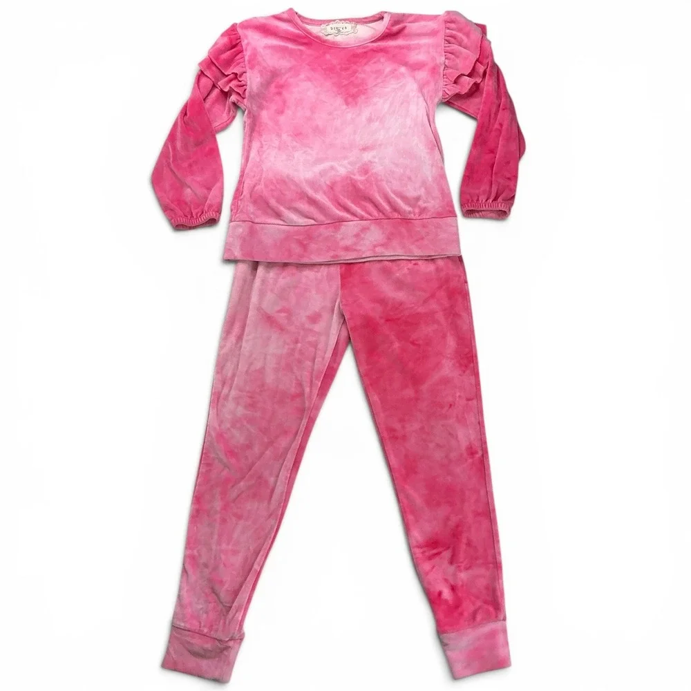 btween Pink Tie-Dye Velour Tracksuit Kids Size 8 Ruffle Shoulder Jogger Set